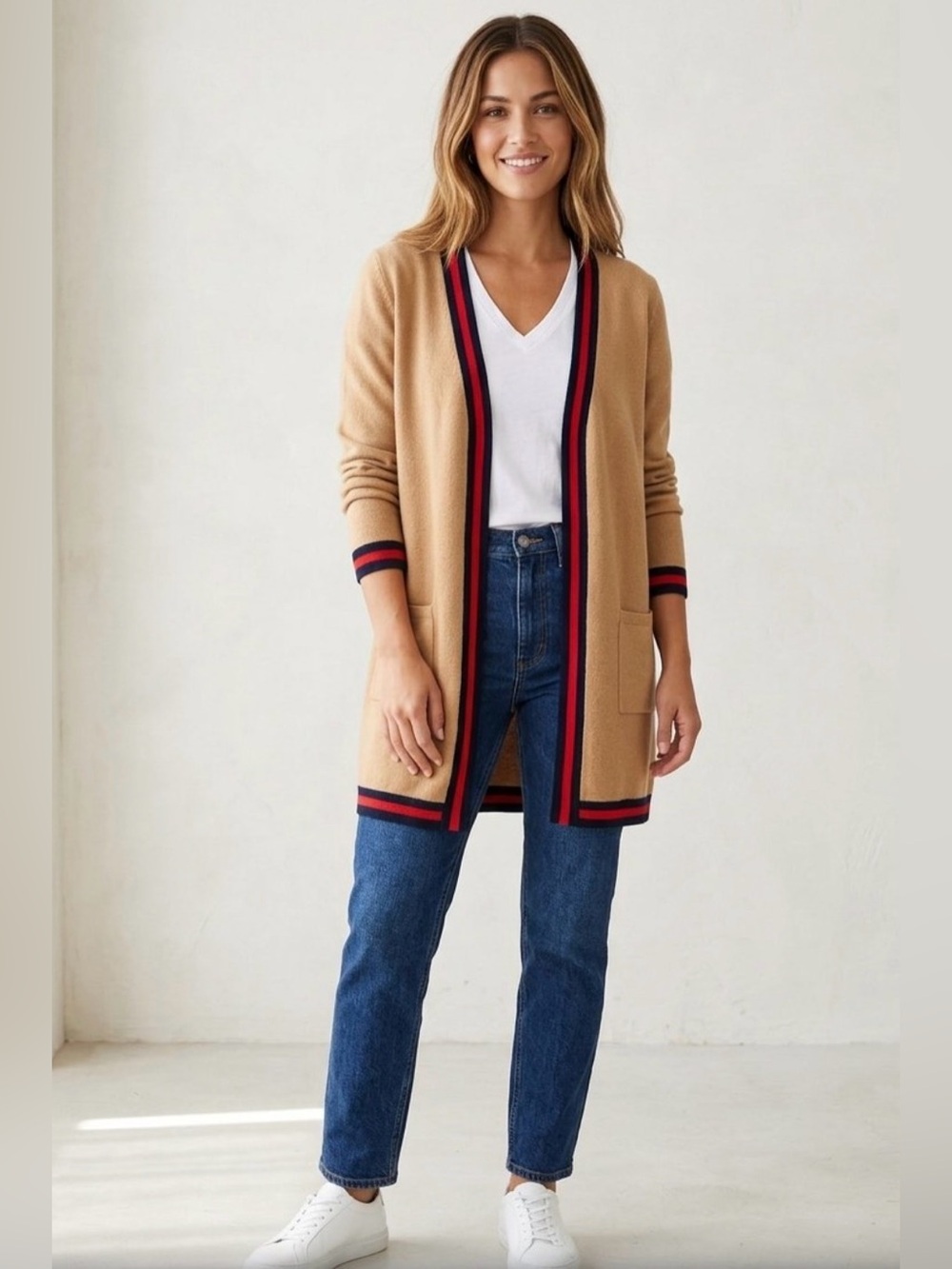 Brodie Cashmere Long Cardigan in Brown & Red Size XS